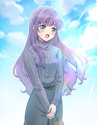  1girl :d akihitohappy bag blue_sky braid breasts brown_bag clouds commentary_request cowboy_shot crown_braid day embarrassed flying_sweatdrops green_skirt grey_sweater highres holding holding_bag looking_at_viewer love_live! love_live!_hasu_no_sora_jogakuin_school_idol_club love_live!_hasu_no_sora_jogakuin_school_idol_club_bloom_garden_party medium_breasts no_jacket open_mouth otomune_kozue purple_hair raised_inner_eyebrows ribbed_sweater sidelocks skirt sky smile solo sweater turtleneck turtleneck_sweater 