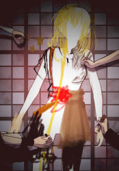  1girl absurdres bang_dream! bang_dream!_it's_mygo!!!!! blonde_hair commentary_request drawing_(action) graffiti hanasakigawa_school_uniform highres long_sleeves misumi_uika people school_uniform seine_(hanamukes) solo_focus tile_floor tiles 