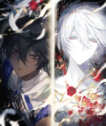  2boys absurdres arjuna_(fate) black_eyes black_hair blue_eyes eyelashes fate/grand_order fate_(series) flower hair_between_eyes highres karna_(fate) male_focus multiple_boys pale_skin parted_lips red_flower red_rose rose short_hair signature split_theme sqloveraven white_hair 