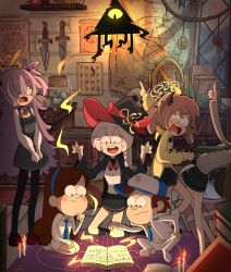  1boy 4girls absurdres alex_hirsch_(style) baseball_cap bill_cipher black_hair black_skirt blue_archive book bow braid brown_hair cardigan collared_shirt commentary_request creammilk_tea crossover dipper_pines dress east-west_crossover eri_(blue_archive) gravity_falls hair_between_eyes hair_bobbles hair_bow hair_ornament hair_over_one_eye halo hat highres indoors kanoe_(blue_archive) long_bangs long_hair long_sleeves looking_at_another mabel_pines magic_circle multiple_girls occult_studies_club_(blue_archive) open_mouth parody parted_bangs pinafore_dress pointing purple_hair reading rena_(blue_archive) scared schale_logo school_uniform seiza shirt sidelocks single_braid sitting skirt sleeveless sleeveless_dress style_parody surprised tsumugi_(blue_archive) white_hair white_shirt witch_hat yellow_cardigan 