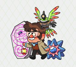  1boy aged_down alt_text alternate_color aqua_shirt argyle_background black_pants black_shoes blue_gem blush blush_stickers brown_coat brown_hair brown_sweater_vest coat collared_shirt commentary crossover east-west_crossover english_commentary ford_pines gem glasses gravity_falls grin holding holding_lantern l0verseyes lantern long_sleeves male_focus official_alternate_hair_color one-eyed open_clothes open_coat orange_eyes pants pokemon pokemon_(creature) pokemon_team runerigus shiny_pokemon shirt shoes short_hair sigilyph smile starmie sweater_vest teeth twitter_username white_background 