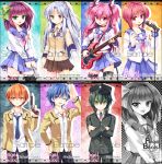  3boys 4girls angel_beats! guitar gun hat highres hinata_(angel_beats!) instrument iwasawa microphone multiple_boys multiple_girls naoi_ayato otonashi_(angel_beats!) salute sample school_uniform serafuku tachibana_kanade thighhighs trianon weapon yui_(angel_beats!) yuri_(angel_beats!) 