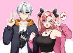  1boy 1girl alternate_costume black_choker black_ribbon black_shirt blue_jacket blush breasts choker collarbone earrings green_eyes grey_hair hair_ornament hair_ribbon hairclip heart highres jacket jewelry large_breasts lion_space long_hair looking_at_viewer mole mole_under_eye necklace nicole_demara open_mouth pink_background pink_hair ribbon shirt short_hair simple_background sleeveless smile speech_bubble two_side_up v v_over_eye white_shirt wise_(zenless_zone_zero) zenless_zone_zero 