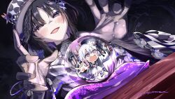  2girls akane_(getwild23) artist_name bare_shoulders beret black_coat black_gloves black_hair black_hat black_kimono black_shoes bow butterfly_hair_ornament butterfly_hat_ornament coat collared_coat dress flower flower-trimmed_sleeves frilled_sleeves frilled_socks frills gloves gradient_hair hair_flower hair_ornament hat hat_flower hat_ornament hat_ribbon housho_margo japanese_clothes kimono lolita_fashion long_sleeves mahou_shoujo_no_majo_saiban mini_hat mini_person mini_top_hat minigirl multicolored_hair multiple_girls neck_ribbon off-shoulder_dress off_shoulder open_mouth pink_eyes pink_hair ribbon sakuraba_ema shirt shoes short_hair signature sleeveless sleeveless_coat smile socks top_hat violet_eyes wa_lolita white_flower white_hair white_ribbon white_shirt white_sleeves white_socks x_hair_ornament 