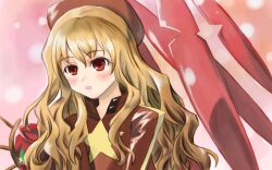  1girl armor blonde_hair brown_hat curly_hair gatchon-go hair_between_eyes hat light_blush long_hair looking_ahead open_mouth pauldrons pink_background red_eyes sekaiju_no_meikyuu sekaiju_no_meikyuu_3 shoulder_armor sidelocks single_pauldron solo star_(symbol) upper_body zodiac_(sekaiju) zodiac_4_(sekaiju) 