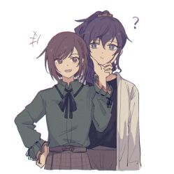  +++ 2girls :i ? akisan_(prsk_ak1) asahina_mafuyu black_ribbon black_shirt braid brown_eyes brown_hair brown_pants brown_skirt cardigan cheek_squash collared_shirt frilled_sleeves frills green_shirt hair_between_eyes hand_on_another's_chin hand_on_own_hip high_ponytail long_hair long_sleeves looking_at_another medium_hair multiple_girls neck_ribbon pants ponytail project_sekai purple_hair ribbon ribbon-trimmed_sleeves ribbon_trim shinonome_ena shirt shirt_partially_tucked_in shirt_tucked_in side_braid simple_background single_braid skirt smile smug upper_body violet_eyes white_background white_cardigan 