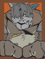  2boys animal_ears bandana bob_(si_land) brown_vest cat_boy cat_ears closed_mouth eyepatch fangs fangs_out furry furry_male green_bandana hair_over_one_eye highres hzof6d looking_at_viewer male_focus masa_(si_land) multiple_boys one_eye_covered orange_background si_land upper_body vest 