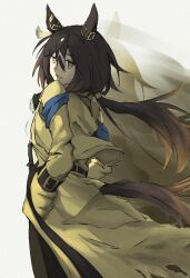  1girl animal_ears black_gloves black_hair black_pants brown_eyes brown_hair coat commentary_request ear_covers gloves hair_between_eyes highres horse_ears horse_girl horse_tail long_hair long_sleeves multicolored_hair pants parted_lips shirt solo stay_gold_(sunlit_outsider)_(umamusume) stay_gold_(umamusume) tail takechi_(yamato_kure_46) umamusume white_hair yellow_coat 