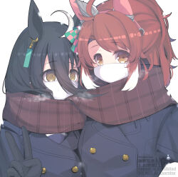  2girls ahoge animal_ears black_gloves black_hair blue_coat bow bowtie breasts brown_eyes brown_hair brown_scarf brown_sweater buttons checkered_ribbon coat dantsu_flame_(umamusume) double-breasted ear_covers ear_ribbon ear_tag earrings gloves hair_between_eyes hairband highres horse_ears horse_girl jewelry legion_(fox3498) long_bangs long_hair long_hair_between_eyes long_sleeves manhattan_cafe_(umamusume) mask mouth_mask multicolored_hair multiple_girls pink_hairband purple_sailor_collar red_scarf sailor_collar scarf school_uniform shirt single_earring sweater tracen_school_uniform tracen_winter_coat umamusume white_bow white_bowtie white_hair white_mask winter_clothes winter_coat winter_uniform yellow_eyes 