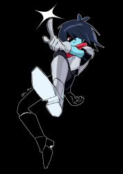  1other absurdres armor armored_boots black_background black_hair blue_skin boots closed_mouth colored_skin commentary deltarune gloves grey_gloves hair_between_eyes highres index_finger_raised jaggy_lines kris_(dark_world)_(deltarune) kris_(deltarune) looking_at_viewer myonchi other_focus outline red_eyes red_scarf scarf shaded_face simple_background solo sparkle twitter_username utdr_(toby_fox) white_outline 
