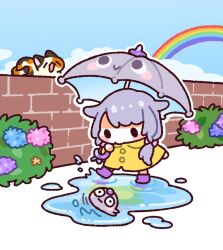  alternate_costume blush_stickers boots bow brick_wall bush cat chibi chibi_only closed_eyes commentary forehead_jewel full_body gem grey_umbrella hair_bow hair_flaps highres holding holding_umbrella hololive hololive_english koseki_bijou long_hair low_twintails mochigome_(h0_pj) open_mouth pebble_(koseki_bijou) pink_bow puddle purple_boots purple_hair rainbow raincoat sky slipping solid_oval_eyes splashing twintails umbrella virtual_youtuber water wide-eyed yellow_raincoat 