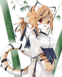  1girl absurdres animal_ears bamboo black_streaks breasts commentary_request enamika flower furry furry_female highres light_blush long_hair medium_breasts multicolored_fur multicolored_hair open_mouth orange_fur orange_hair original red_eyes smile solo standing streaked_hair tail tiger_ears tiger_girl tiger_tail tooth white_background white_flower white_fur white_streaks 