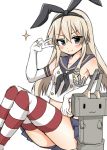  1girl anchor black_panties blonde_hair blush elbow_gloves gloves hair_ornament hairband kantai_collection long_hair looking_at_viewer panties personification rensouhou-chan shimakaze_(kantai_collection) skirt smile solo striped striped_legwear thighhighs tsukudani_norio underwear v white_gloves 