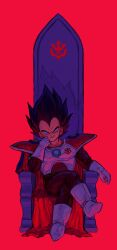  1boy absurdres boots cape chair chimachimadb crossed_legs dragon_ball dragon_ball_z highres male_focus metamoran_vest on_throne saiyan saiyan_armor sitting smile solo spiky_hair throne vegeta 