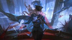  1girl absurdres arm_at_side ascot augustus_(path_to_nowhere) belt black_belt black_choker black_gloves black_pants blonde_hair blood blood_on_ground blue_cape blue_eyes blue_hat blue_jacket buttons cape chinese_commentary choker commentary_request cowboy_shot crying crying_with_eyes_open electricity floating_hair frilled_sleeves frills gloves hat hat_feather heibai_bangbing highres holding holding_sword holding_weapon indoors jacket kepi long_sleeves looking_at_viewer military_hat military_jacket military_uniform pants parted_lips path_to_nowhere pillar rapier red_carpet solo swept_hilt sword tears weapon white_ascot 
