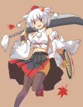  1girl animal_ears detached_sleeves hat inubashiri_momiji open_mouth over_shoulder red_eyes shield short_hair skirt smile solo sword sword_over_shoulder tail taishi_(moriverine) tokin_hat touhou weapon weapon_over_shoulder white_hair wolf_ears wolf_tail 