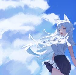  1girl absurdres animal_ear_fluff animal_ears arms_at_sides bbi_duck0824 black_skirt blue_sky breasts clouds cloudy_sky collared_shirt commentary_request cowboy_shot day floating_clothes floating_hair from_side grey_eyes highres indie_virtual_youtuber isha_(vtuber) korean_commentary large_breasts long_hair miniskirt open_mouth outdoors overlighting parted_bangs pleated_skirt school_uniform shirt shirt_tucked_in short_sleeves skirt sky solo standing very_long_hair virtual_youtuber white_hair white_shirt wind 