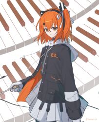  1girl adachi_rei adachi_rei_(vocaloid6) black_jacket highres holding jacket kasupi_04 long_sleeves looking_at_viewer medium_hair one_side_up open_clothes open_jacket orange_eyes orange_hair piano_keys piano_print solo upper_body vocaloid 