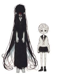  1boy 1girl absurdly_long_hair adashino_adami black_kimono blood blood_on_face colored_skin english_commentary grey_skin highres homicipher japanese_clothes kimono long_hair looking_at_viewer mr._crawling school_uniform serafuku short_hair simple_background skirt standing sweater sweeeet_him very_long_hair very_short_hair white_background 