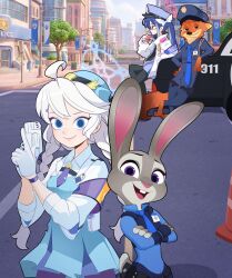  2boys 2girls absurdres ahoge antenna_hair aqua_halo armband art_shift blue_archive blue_necktie blurry braid building car cityscape commentary_request creammilk_tea crossed_arms crossover depth_of_field doughnut east-west_crossover eating food fubuki_(blue_archive) furry furry_female furry_male furry_with_non-furry gun hair_between_eyes halo handgun hat highres holding holding_donut holding_food holding_gun holding_weapon id_card interspecies judy_hopps kirino_(blue_archive) korean_commentary long_hair long_sleeves looking_afar looking_at_viewer low_twintails motor_vehicle multicolored_hair multiple_boys multiple_girls necktie nick_wilde outdoors peaked_cap police police_badge police_car police_hat police_uniform policewoman purple_armband purple_necktie red_halo revolver schale_logo sidelocks skyscraper smith_&amp;_wesson_360 streaked_hair trait_connection twin_braids twintails two-tone_hair walkie-talkie weapon zootopia 