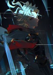  1boy armor blonde_hair blue_eyes cape granblue_fantasy kogome_(azalea4) looking_at_viewer looking_back male_focus red_cape seofon_(granblue_fantasy) short_hair smile solo spiky_hair twitter_username two-tone_cape upper_body white_cape 