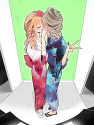  2girls absurdres black_nails black_sandals blue_kimono brown_hair closed_eyes commentary_request earrings floral_print floral_print_kimono flower gradient_clothes gradient_kimono green_screen grey_hair gyaru hair_flower hair_ornament heart heart_earrings highres japanese_clothes jewelry kimono kiss multiple_girls naisei_0 original pink_flower pink_nails pink_rose print_kimono red_kimono rose sandals stud_earrings twitter_username uneven_fingernail_lengths v white_kimono white_sandals yukata yuri 