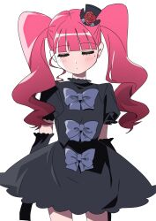  1girl a-line_dress black_dress black_gloves bow closed_eyes cowboy_shot dress elbow_gloves eto151110 facing_viewer gloves hat highres long_hair marie_&amp;_gali marika_(marie_&amp;_gali) mini_hat mole mole_under_eye pink_hair puffy_short_sleeves puffy_sleeves short_sleeves simple_background single_sidelock solo twintails white_background 