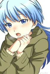  1boy androgynous ansatsu_kyoushitsu blue_eyes blue_hair blush brown_jacket commentary_request hand_blush highres hood hooded_jacket jacket long_hair looking_at_viewer male_focus open_mouth own_hands_together pizarrokun shiota_nagisa simple_background solo steam steam_from_mouth trap upper_body watermark white_background 