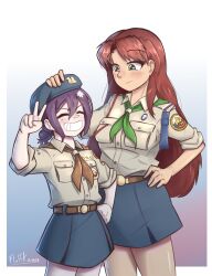  2girls absurdres adapted_costume aged_down alternate_universe artist_name banhammer-tan_(everlasting_summer) bare_legs belt blue_skirt blush breasts brown_belt brown_neckerchief brown_shirt chainsaw_man child everlasting_summer flower fluffkaiser green_neckerchief grin hair_flower hair_ornament hand_on_another's_head highres long_hair miniskirt multiple_girls neckerchief pioneer_movement purple_hair reze_(chainsaw_man) russian_flag scout_movement scout_uniform shirt shirt_tucked_in signature skirt small_breasts smile sovyonok_pioneer_camp_uniform v very_long_hair 