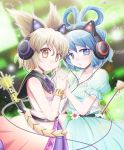  2girls animal_ears axent_wear blue_eyes blue_hair blush breasts brown_hair cat_ears dress fake_animal_ears hair_ornament hair_rings hair_stick headphones interlocked_fingers kaku_seiga looking_at_viewer manaka_(pdx) multiple_girls open_mouth ritual_baton short_hair skirt sleeveless smile touhou toyosatomimi_no_miko 