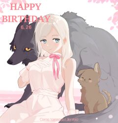  1girl :3 ^_^ animalization bare_shoulders basil_(wgh0anzdple3asf) blue_eyes breasts brown_dog ceras_yanagida_lilienfeld ceras_yanagida_lilienfeld_(16th_birthday) character_name closed_eyes closed_mouth commentary dated dog dress gloves happy_birthday highres kachimachi_kosuzu katsuragi_izumi long_hair looking_at_viewer love_live! love_live!_hasu_no_sora_jogakuin_school_idol_club medium_breasts orange_eyes sleeveless sleeveless_dress smile solo virtual_youtuber white_dress white_gloves white_hair wolf 