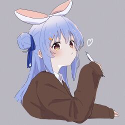  1girl alternate_costume ama_(ama_ekaku) animal_ears arm_rest blue_hair blue_ribbon blush bright_pupils brown_jacket carrot_hair_ornament choppy_bangs closed_mouth collared_shirt commentary cropped_torso elbow_rest food-themed_hair_ornament from_side grey_background hair_bun hair_ornament hair_ribbon hairclip hand_up heart highres hikimayu holding holding_pen hololive jacket long_hair looking_at_viewer looking_to_the_side loose_hair_strand orange_eyes pen rabbit-shaped_pupils rabbit_ears rabbit_girl ribbon shirt short_eyebrows sidelocks simple_background single_side_bun sleeves_past_wrists solo symbol-shaped_pupils thick_eyebrows tied_ears untranslatable_commentary usada_pekora virtual_youtuber white_pupils white_shirt 