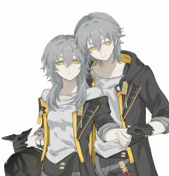  1boy 1girl bag bare_shoulders belt black_gloves black_jacket black_pants black_skirt breasts caelus_(honkai:_star_rail) closed_mouth collarbone cowboy_shot dual_persona fingerless_gloves gloves grey_belt grey_hair hair_between_eyes hand_up highres holding holding_another's_wrist holding_bag honkai:_star_rail honkai_(series) hood hooded_jacket jacket lapels long_hair long_sleeves looking_at_another looking_at_viewer maogu medium_breasts miniskirt multiple_belts off-shoulder_shirt off_shoulder open_clothes open_jacket pants red_belt shirt short_hair sidelocks simple_background skirt smile standing stelle_(honkai:_star_rail) t-shirt teeth trailblazer_(honkai:_star_rail) trash_bag two-sided_fabric two-sided_jacket white_background white_shirt yellow_jacket 
