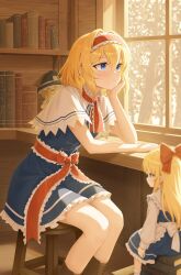  1girl absurdres alexhong1129 alice_margatroid blonde_hair blue_dress blue_eyes blush book boots brown_boots capelet chinese_commentary closed_mouth commentary_request day dress frilled_dress frilled_hairband frills hair_between_eyes hairband head_rest highres indoors kirisame_marisa lace-up_boots medium_hair red_hairband red_sash sash shadow shanghai_doll sitting solo touhou waist_sash white_capelet window 