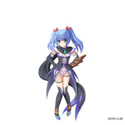  1girl 2008 aqua_eyes black_gloves black_scarf blue_hair blush boots closed_mouth copyright_notice elbow_gloves full_body fuuma_rena gauntlets gem gloves green_eyes hair_ribbon hands_on_own_hips jewelry kinmedai_pink kneehighs long_hair looking_at_viewer official_art panties ribbon scarf shouryuu_senki_tenmu simple_background socks solo standing tachi-e thigh-highs thigh_gap thigh_strap third-party_source twintails underwear white_background 