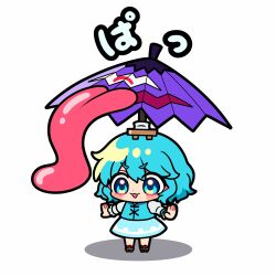  1girl :3 absurdres alternate_eye_color aqua_eyes aqua_hair aqua_skirt aqua_vest blush chibi chibi_only commentary_request full_body geta highres ishiki_nuru karakasa_obake long_sleeves medium_hair open_mouth outstretched_arms purple_umbrella shirt simple_background skirt smile solo spread_arms tatara_kogasa touhou translation_request umbrella vest white_background white_shirt 