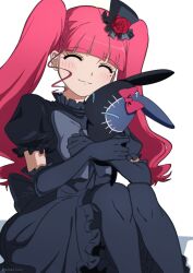  1girl absurdres animal black_dress black_thighhighs closed_eyes commentary dress elbow_gloves eto151110 facing_viewer flower frilled_dress frilled_dress_collar frills gloves hat hat_flower highres holding holding_animal holding_rabbit long_hair marie_&amp;_gali marika_(marie_&amp;_gali) mini_hat mole mole_under_eye pet_(marie_&amp;_gali) pink_hair puffy_short_sleeves puffy_sleeves rabbit short_sleeves simple_background smile thigh-highs twintails white_background 