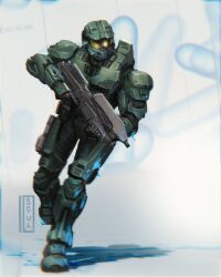  1boy ammunition_pouch armor assault_rifle assault_visor black_bodysuit bodysuit bullpup combat_helmet gun halo_(series) handgun helmet highres m6 ma5 master_chief military pauldrons pouch power_armor rifle running shoulder_armor soul_ant19 weapon white_background 