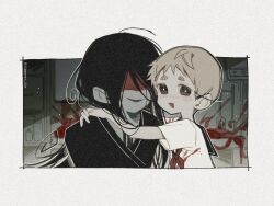  1boy 1girl adashino_adami black_hair black_kimono blonde_hair blood blood_on_clothes blood_on_face brown_eyes colored_skin commentary grey_background grey_skin highres homicipher hug indoors japanese_clothes kimono long_hair looking_at_viewer mr._crawling school_uniform serafuku short_hair sweeeet_him upper_body very_short_hair 