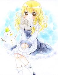  1girl apron black_skirt black_vest blonde_hair blue_background border bow braid commentary_request grey_scarf hair_bow kagome_f kirisame_marisa long_hair long_sleeves looking_at_viewer missing_headwear scarf scarf_bow shirt side_braid single_braid skirt snow socks solo touhou vest waist_apron white_apron white_background white_border white_shirt white_socks yellow_eyes 