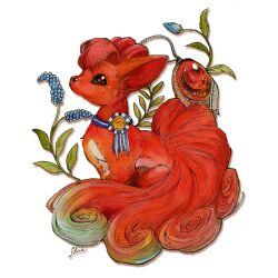  animal_focus black_eyes blue_flower closed_mouth flower full_body grape_hyacinth highres jewelry medal no_humans pendant pokemon pokemon_(creature) shie-k signature simple_background solo vulpix white_background 