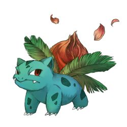  claws closed_mouth full_body ivysaur looking_at_viewer no_humans nostrils petals pokemon pokemon_(creature) pokemon_focus red_eyes shie-k simple_background solo white_background 