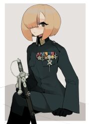  1girl absurdres black_gloves black_jacket black_pants blonde_hair breast_pocket brown_eyes character_request collar_tabs deo_artist expressionless gloves hair_over_one_eye high_collar highres jacket looking_at_viewer medal military_uniform non-web_source original pants pocket saber_(weapon) sheath sheathed short_hair shoulder_boards sitting solo sword weapon 
