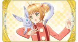 1girl :d antenna_hair border brown_hair cardcaptor_sakura creature creature_on_shoulder green_eyes hands_up kinomoto_sakura official_art on_shoulder open_mouth ornate_border purple_fur short_hair short_side_ponytail side_ponytail smile suspenders third-party_source violet_eyes yellow_background 