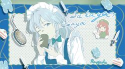  2girls artist_name blue_eyes braid cake cake_slice character_name dagger food green_eyes highres hong_meiling izayoi_sakuya knife maid_headdress multiple_girls one_eye_closed pocket_watch red_eyes red_hair rumindo side_braid solo_focus touhou twin_braids watch weapon white_hair white_headdress 
