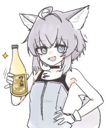  1girl :d ahoge animal_ears arknights bare_shoulders blue_eyes blush bottle bright_pupils collarbone commentary drink fang gloves grey_hair grey_tail grey_tank_top hand_on_own_hip highres holding holding_bottle holding_drink looking_at_viewer material_growth nose_blush open_mouth oripathy_lesion_(arknights) pale_colors short_hair simple_background sleeveless smile solo sparkle sussurro_(arknights) sussurrobestmom tail tank_top upper_body white_background white_gloves white_pupils 