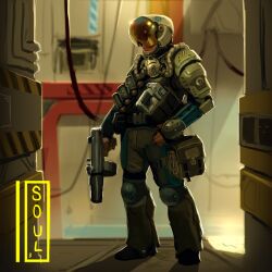  1boy absurdres armor assault_visor combat_helmet commentary english_commentary explosive fingerless_gloves gloves grenade gun handgun helmet highres holster industrial knee_pads looking_to_the_side male_focus marathon_(1994) marathon_(series) mask pauldrons pouch respirator security_officer_(marathon) shin_guards shoulder_armor solo_focus soul_ant19 submachine_gun thigh_pouch weapon 