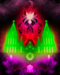  artist_name building castle commentary dynamax english_commentary gigantamax gigantamax_grimmsnarl glowing grimmsnarl hands_on_own_hips highres jamiewilsondraws legs_apart pointy_ears poke_ball_symbol pokemon pokemon_(creature) pokemon_focus solo standing window 