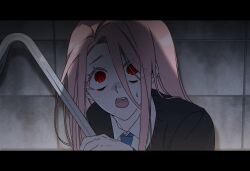  1girl adashino_adami against_wall bbabbamis2 black_sweater constricted_pupils crowbar grey_background holding holding_crowbar homicipher letterboxed long_hair mr._crawling pink_hair pov red_eyes ringed_eyes shadow sweater upper_body 