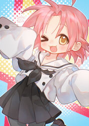  >_o 1girl :3 absurdres ahoge black_neckerchief black_pantyhose black_skirt blue_background blush brown_shoes collarbone commentary_request dated flat_chest foot_out_of_frame frilled_shirt_collar frills halftone halftone_background highres huge_ahoge kogami_akira kurokami_nekoya loafers long_sleeves looking_at_viewer lucky_star medium_hair neckerchief one_eye_closed open_mouth pantyhose parted_bangs pink_hair pleated_skirt sailor_collar school_uniform serafuku shirt shoes sidelocks signature skirt sleeves_past_fingers sleeves_past_wrists solo standing standing_on_one_leg white_sailor_collar white_shirt yellow_eyes 